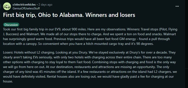 Text post discussing a family's first electric vehicle trip from Ohio to Alabama, highlighting travel stop experiences and EV charging challenges.